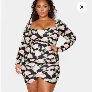 NWT PLT Plus Black Rose Print Shoulder Bodycon Dress